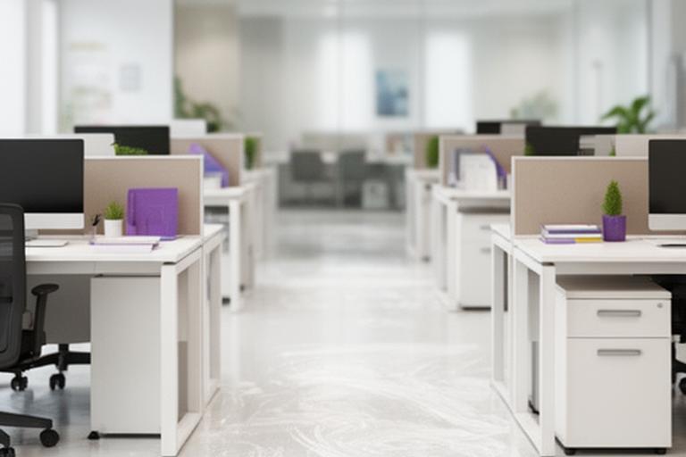 Ufficio moderno con scrivanie ordinate, luce naturale e pavimento appena pulito