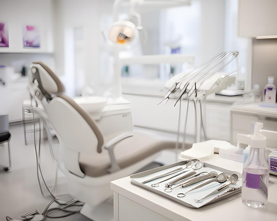 Studio dentistico luminoso con superfici sanificate, poltrona ordinata e strumenti pronti all