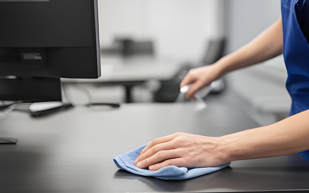 Addetta alle pulizie che igienizza una scrivania, un monitor e una sala riunioni moderna